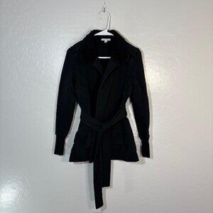 James Perse Coat Womens Small Black Belted Sherpa Collar Cotton Wrap Jacket
